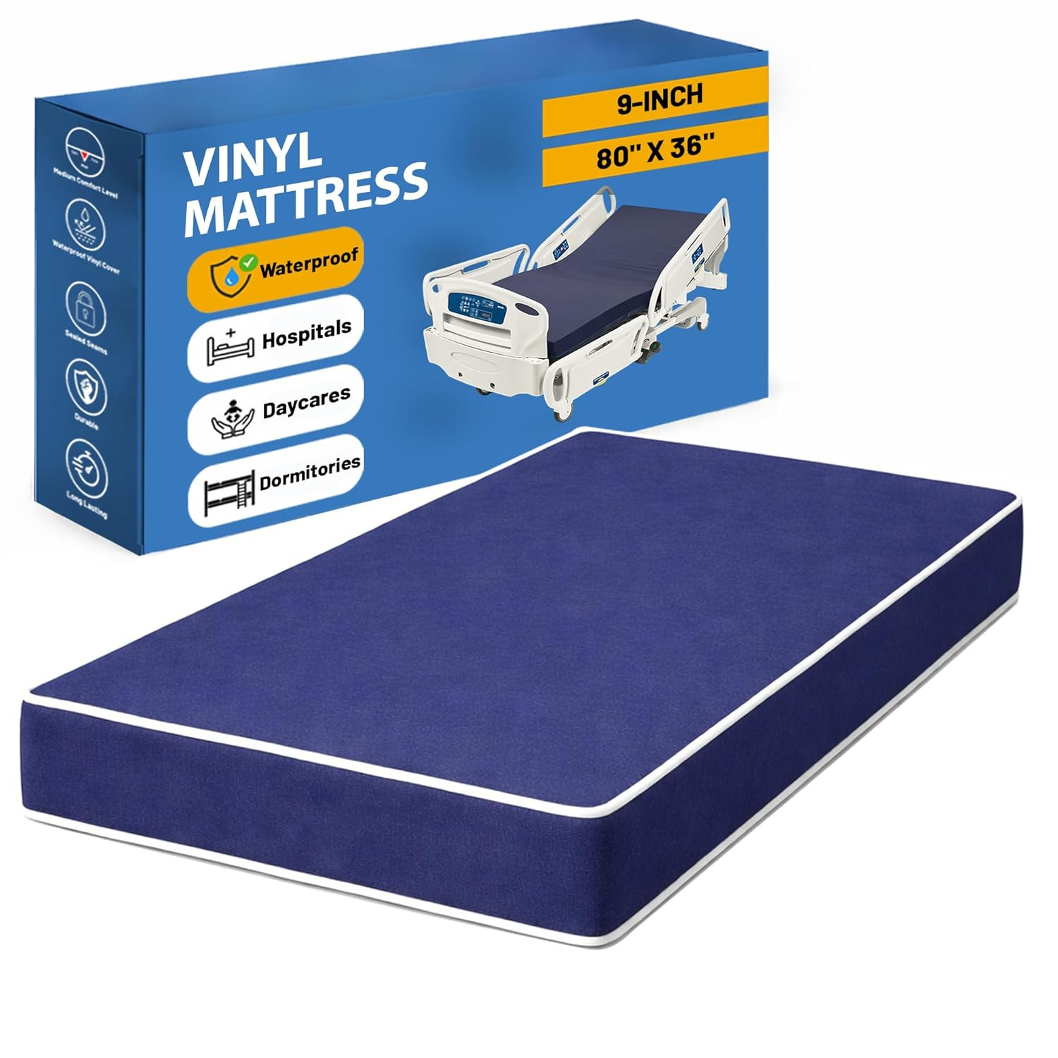 9-Inch Medium Firm Water-Resistant Foam Mattress for Hospital & Camp, Blue