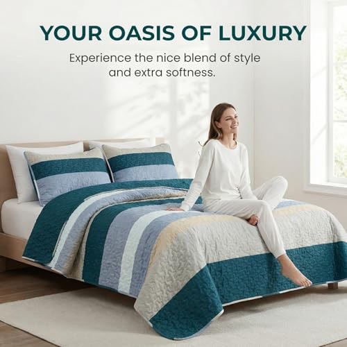 Full Queen Size Quilt Set – Reversible Blue Quilts Queen Queen(96″x90″) Navy