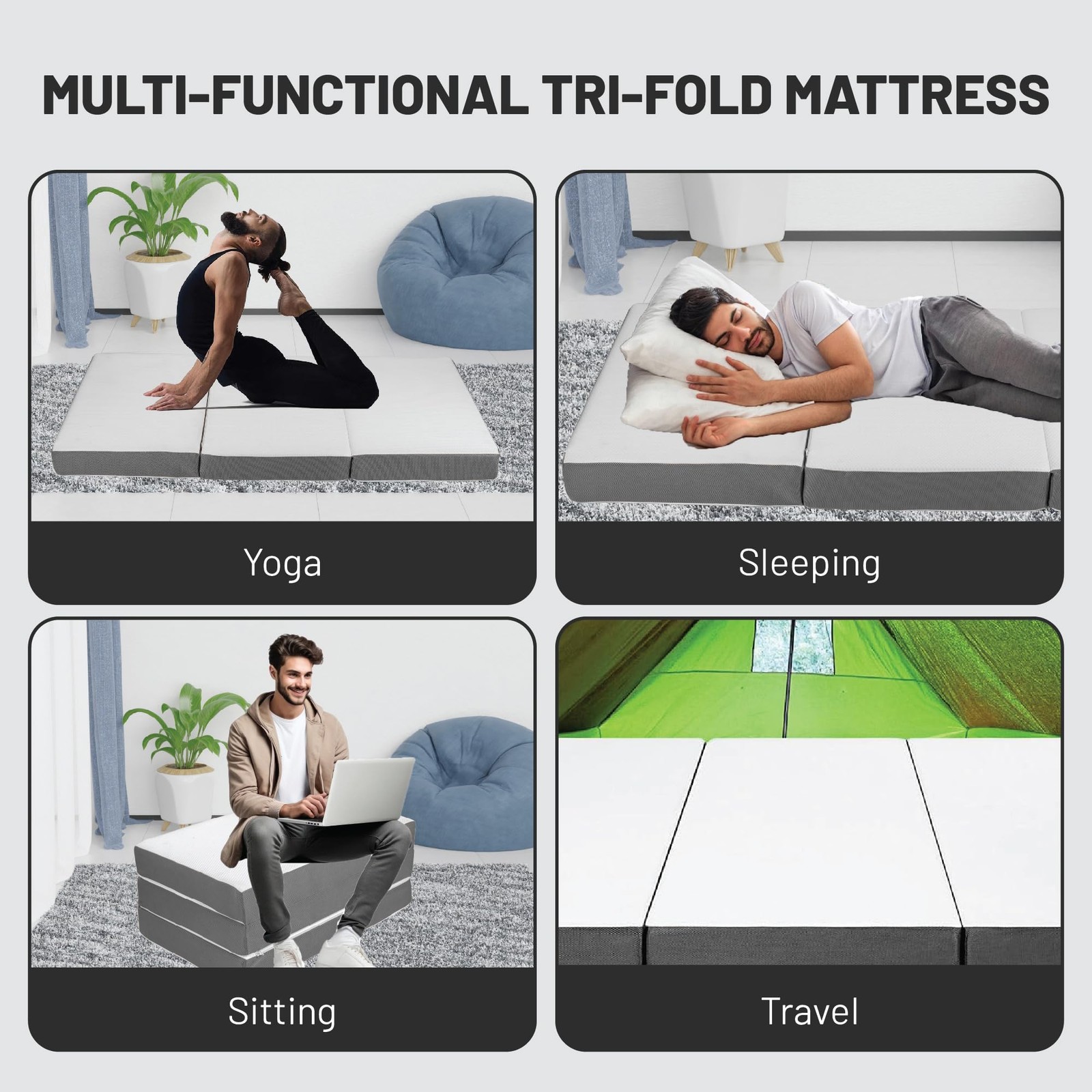 , 4-Inch Tri-Folding Gel Memory Foam Portable Floor Mattress | Breathable Mes…