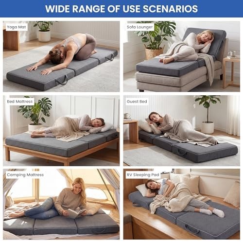 Tri-Fold Memory Foam Mattress 4″ Portable Floor Bed, Washable Cover for Camping,