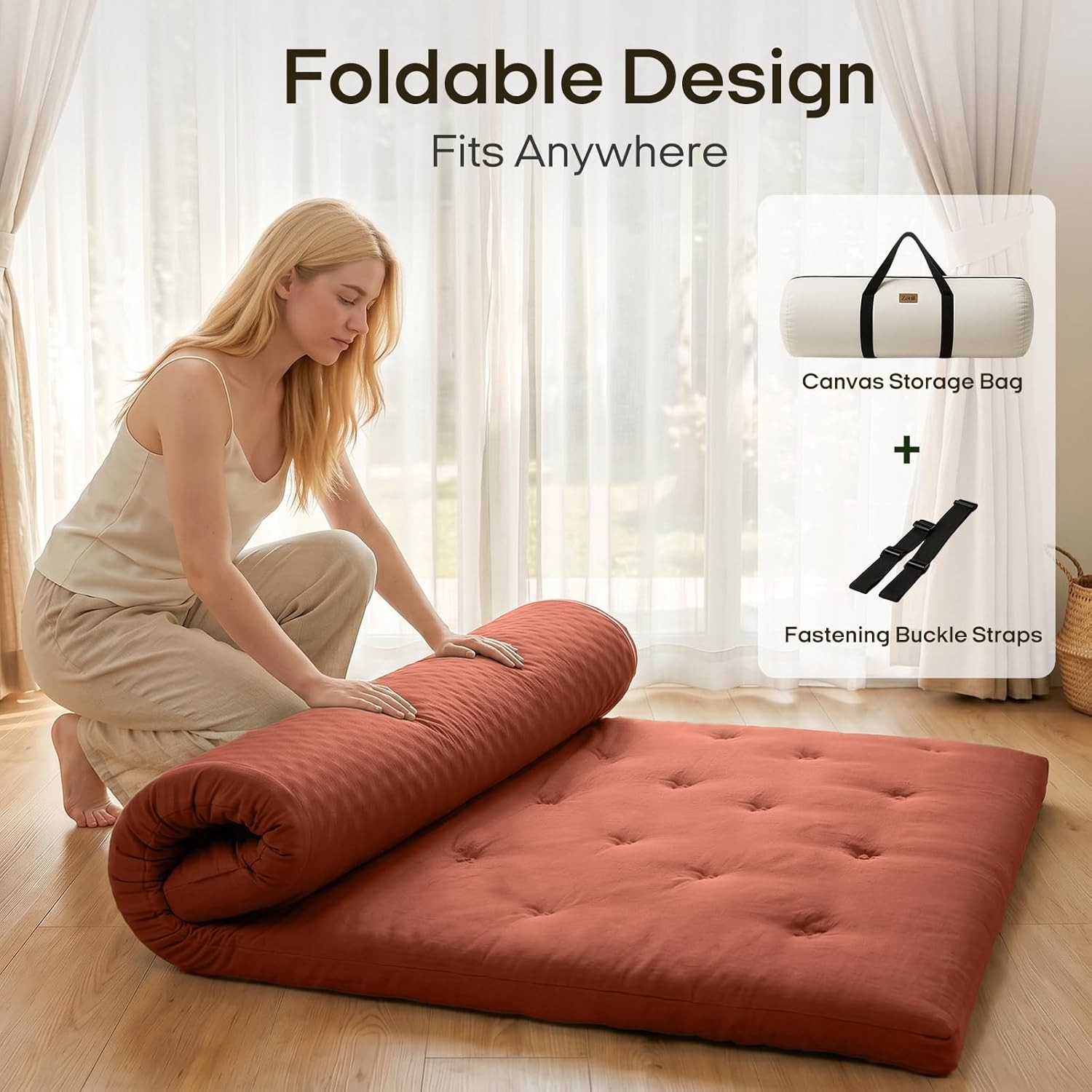 Japanese Floor Futon Mattr Twin Size 75″x 39″, Cotton Cover