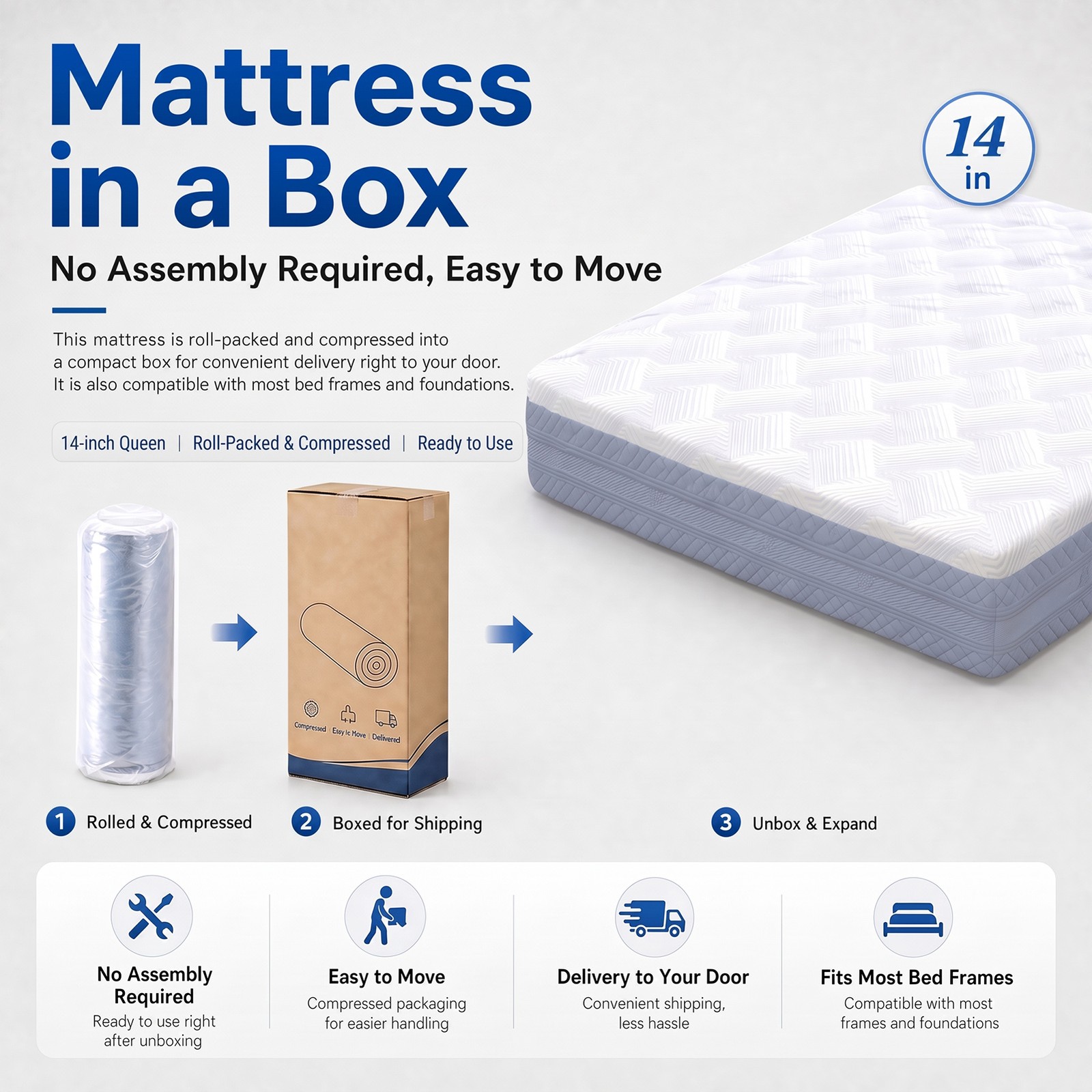 Queen Mattress 14 Inch Polyester Fabric Sponge Mattress Quiet Sleep Support Bed
