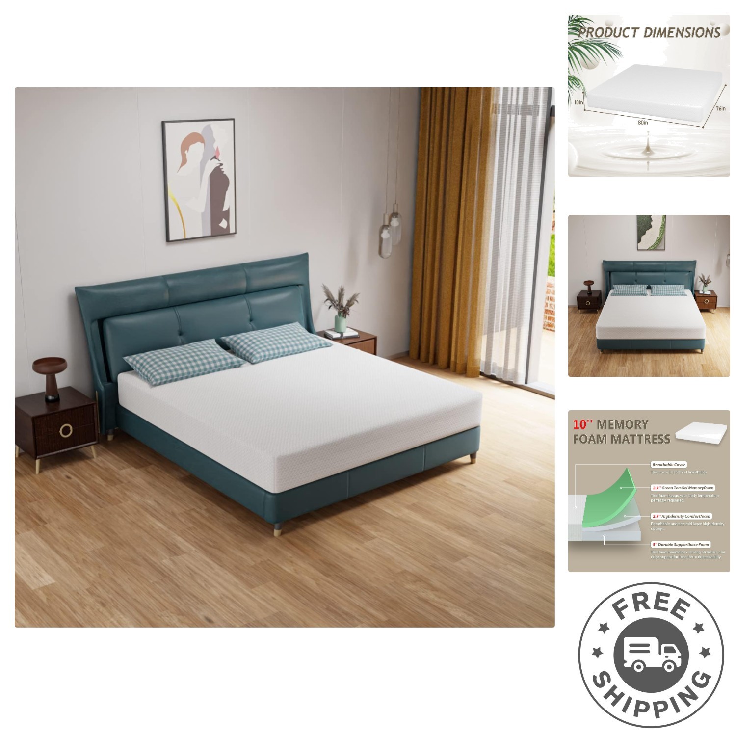 Medium Firm Green Tea Memory Foam Mattress – King Size, Perfect for Bed Frames
