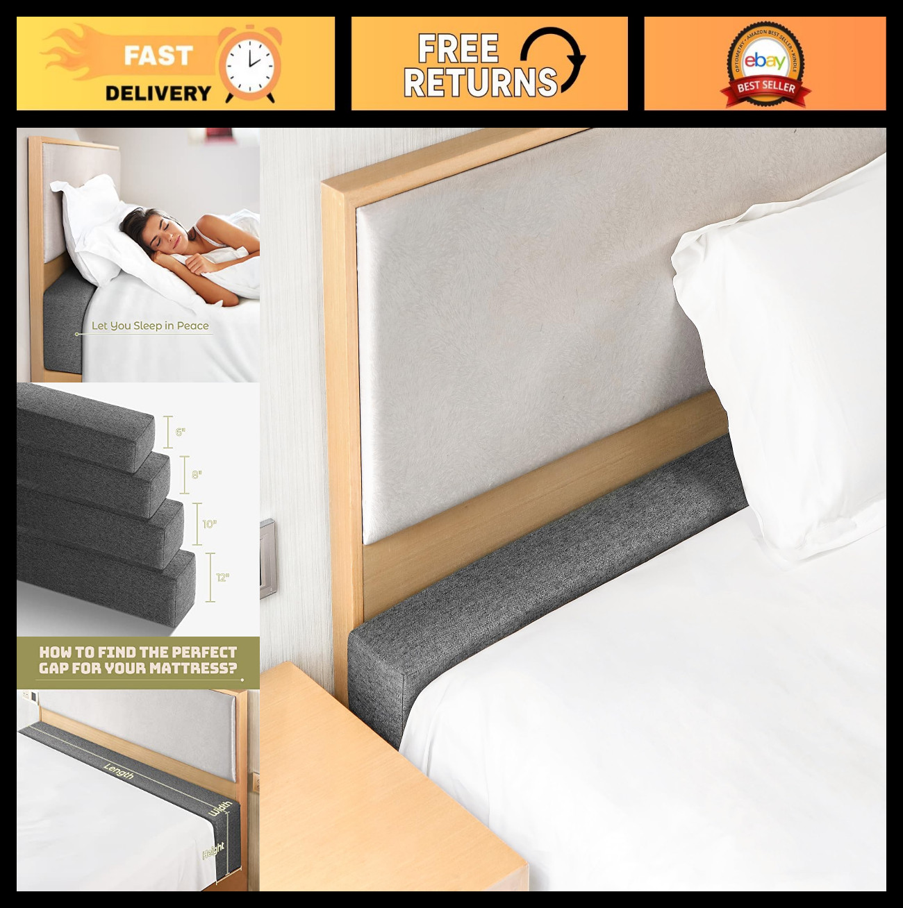 King Mattress Bed Gap Filler – High-Density Foam, Washable Cover, Extender for H