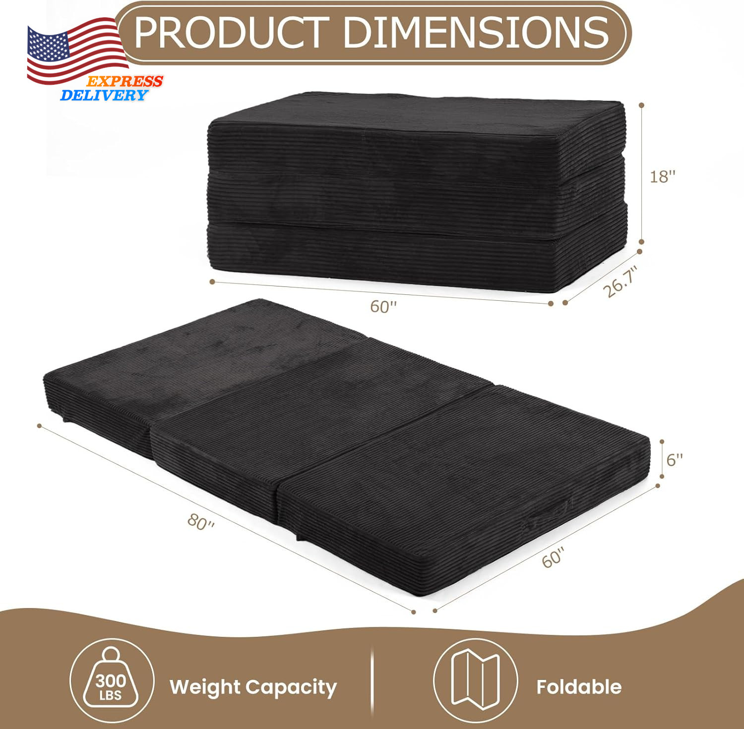 Queen Size Tri-Fold Memory Foam Mattress with Washable Cover & Carry Handles