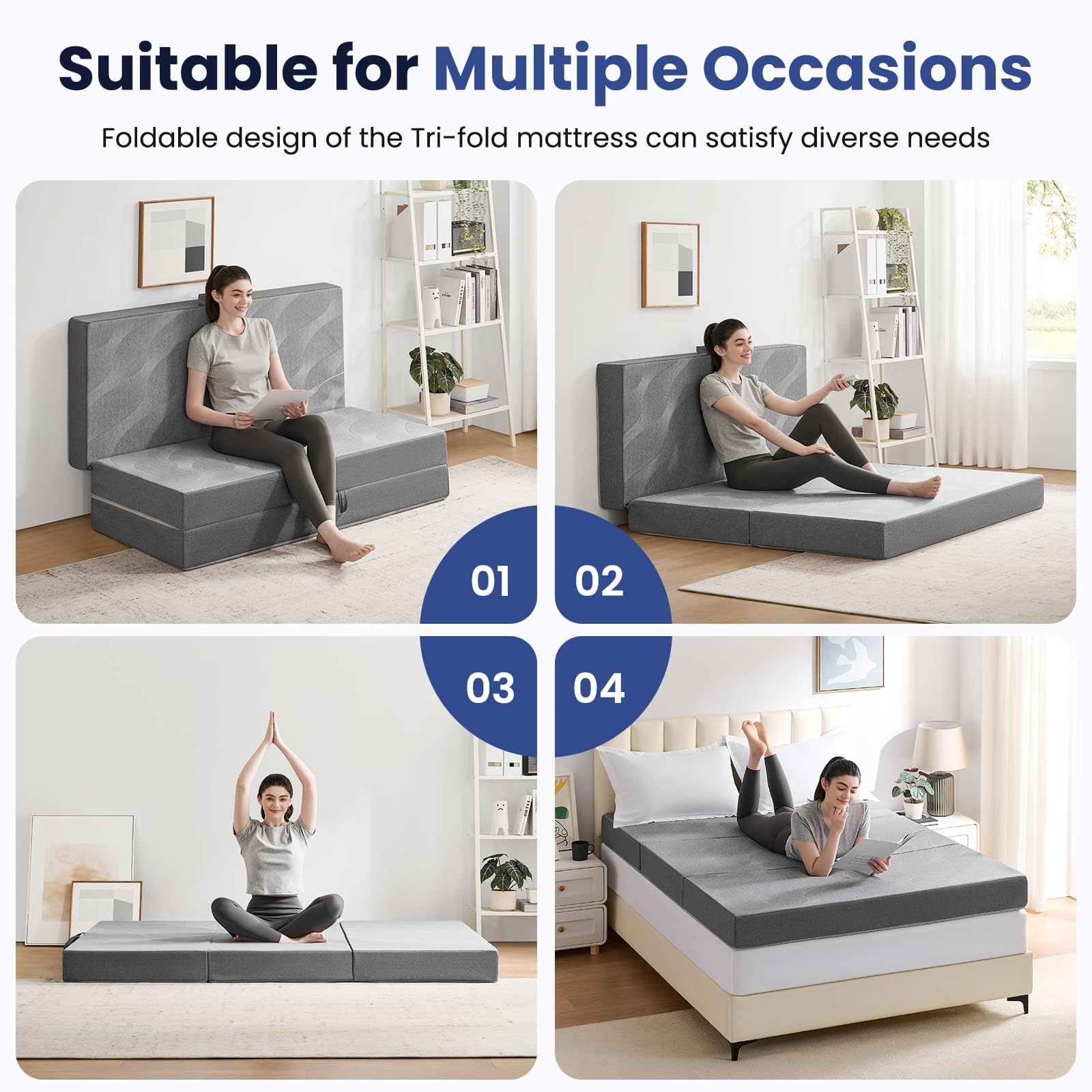 Foldable Mattress Cot, 6 Inch Memory Foam Folding Mattress Cot, Trifold Mattr…