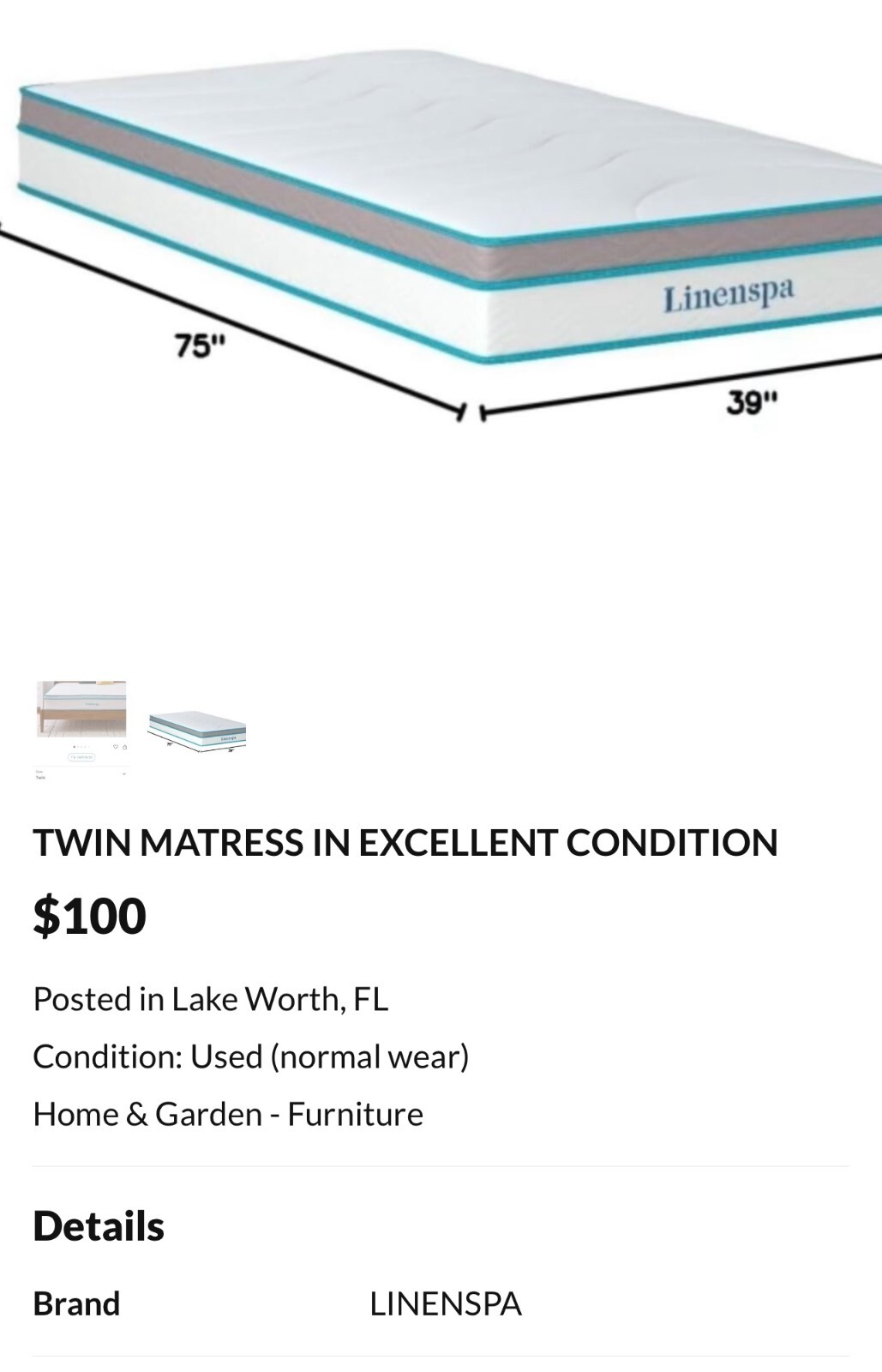 TWIN SIZED MATTRESS by LINENSPA in Excellent Condition