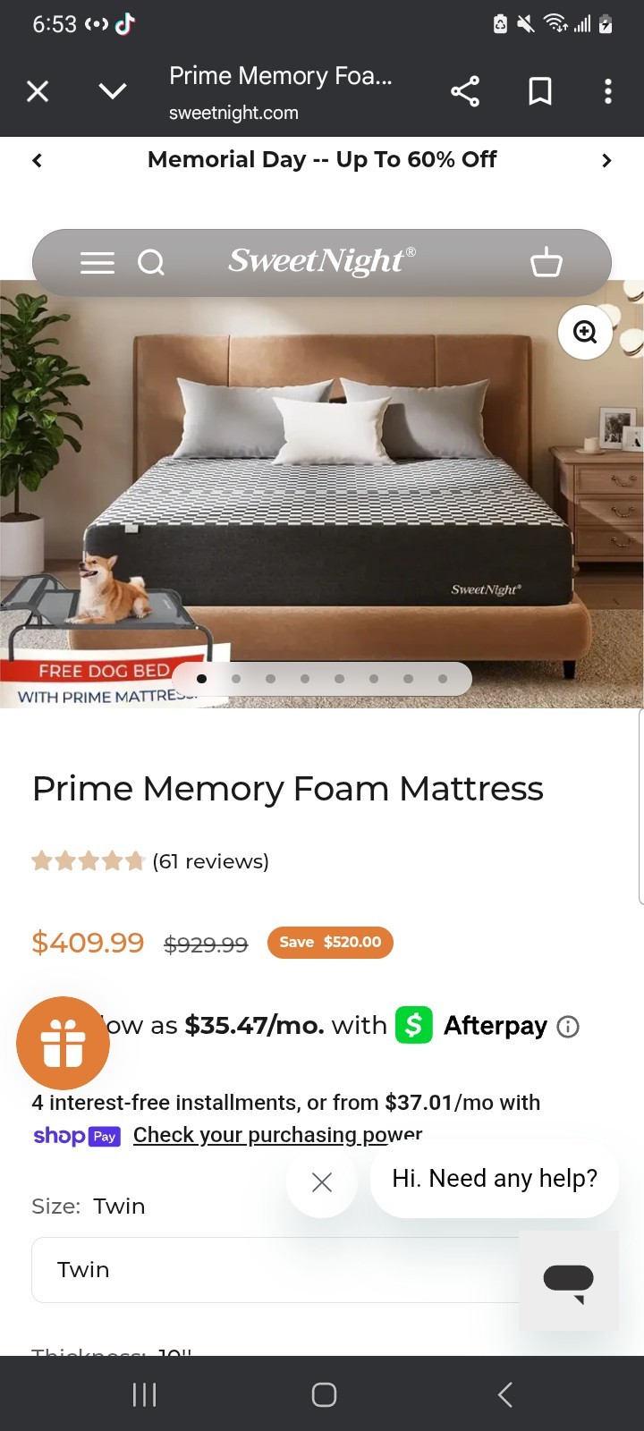 Sweet Night Memory Foam Mattress (New) In The Box! Ready For Pick Up