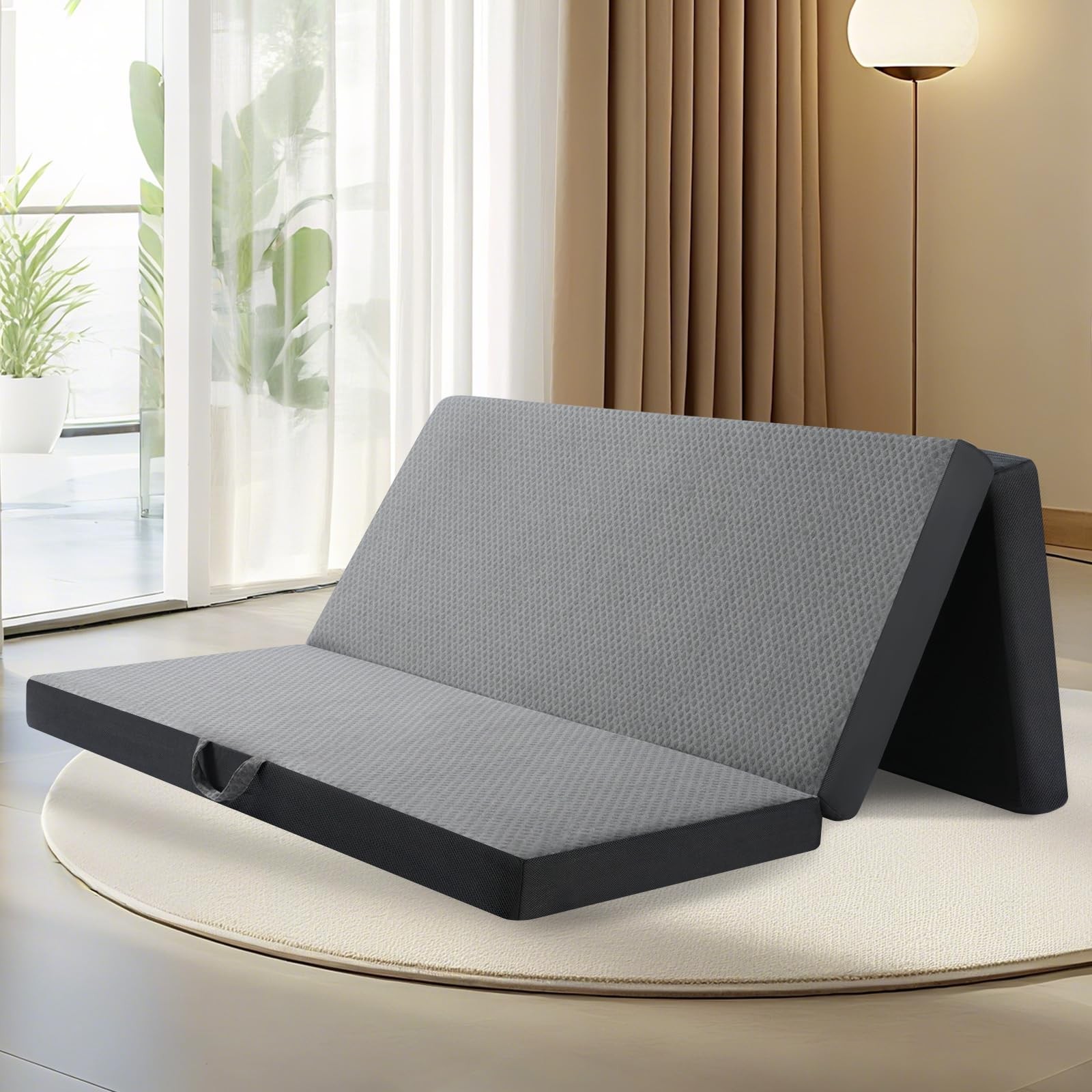 Tri Folding Mattress Queen Size – Memory Foam Tri-fold Handle & Non-Slip Bott…