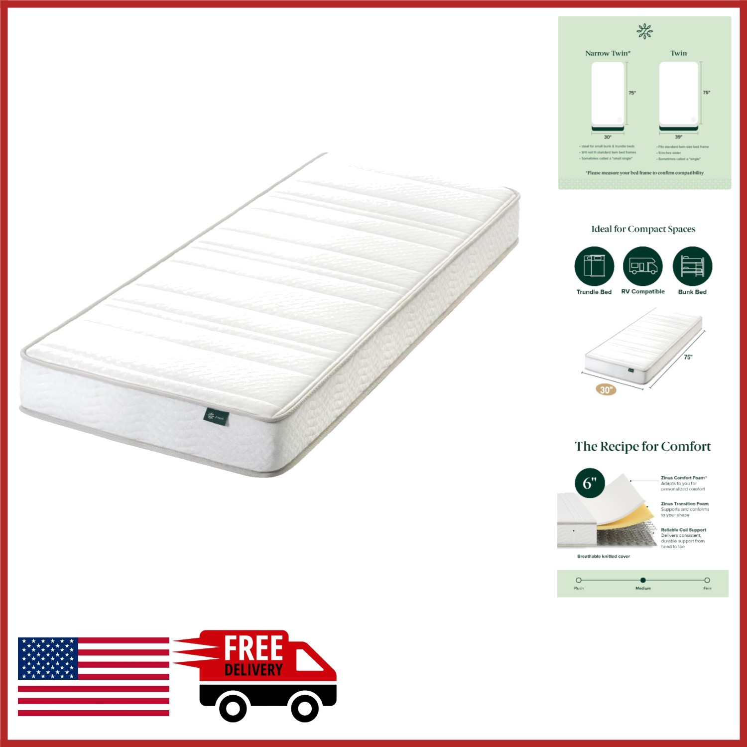 6″ Foam & Spring Hybrid Mattress 30″ x 75″ for Bunk Beds & Tight Spaces