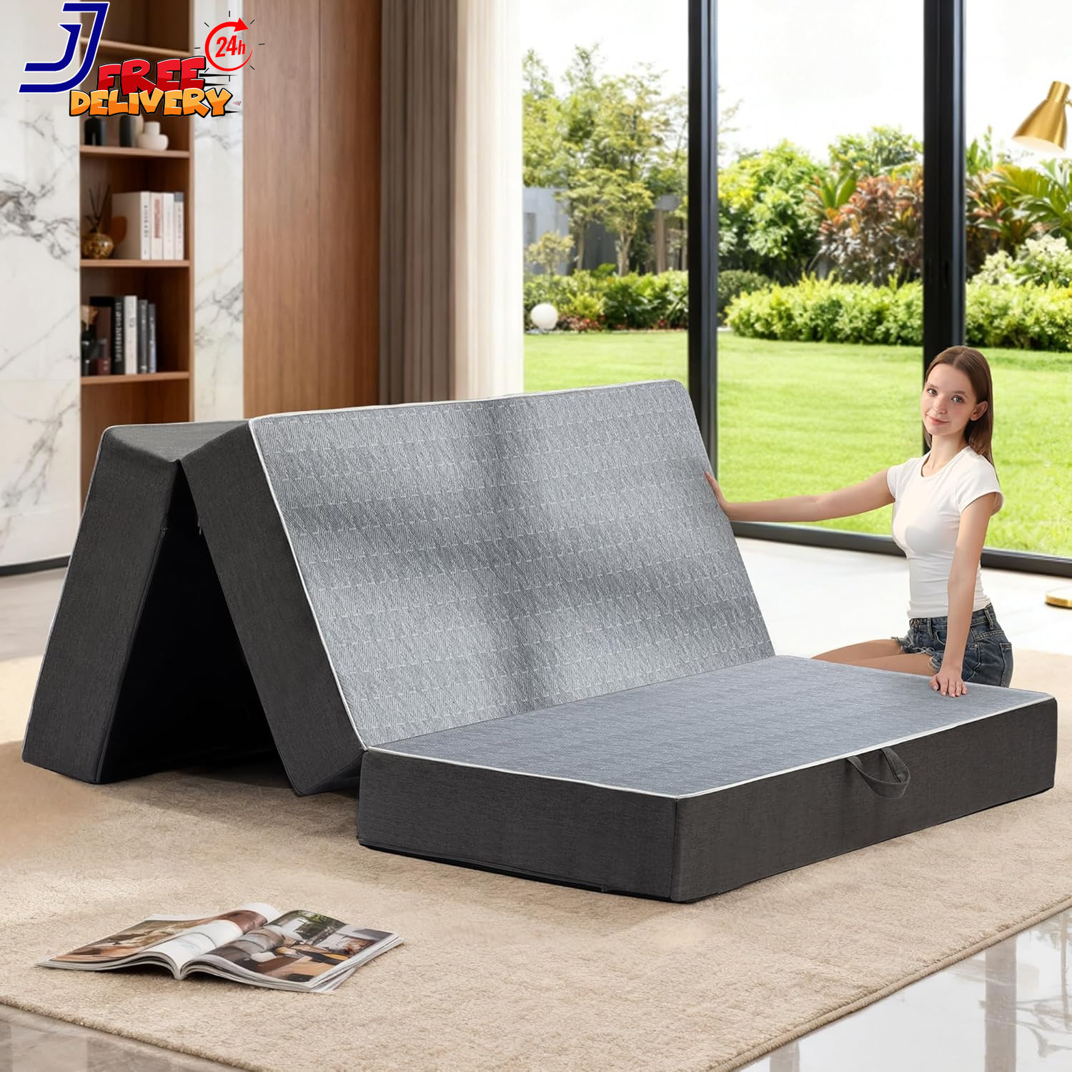 Tri Folding Mattress Queen Size 6 Inch Dual-Layer Memory Foam Foldable Mattres
