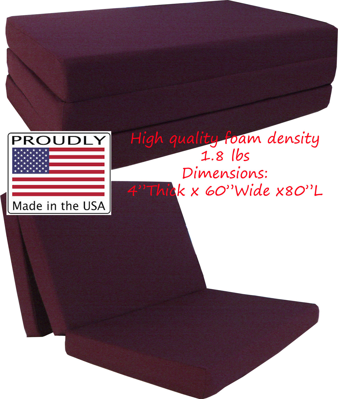 Queen Burgundy 4 x 60 x 80 Shikibuton Trifold Foam Bed, High Foam Density 1.8 lb
