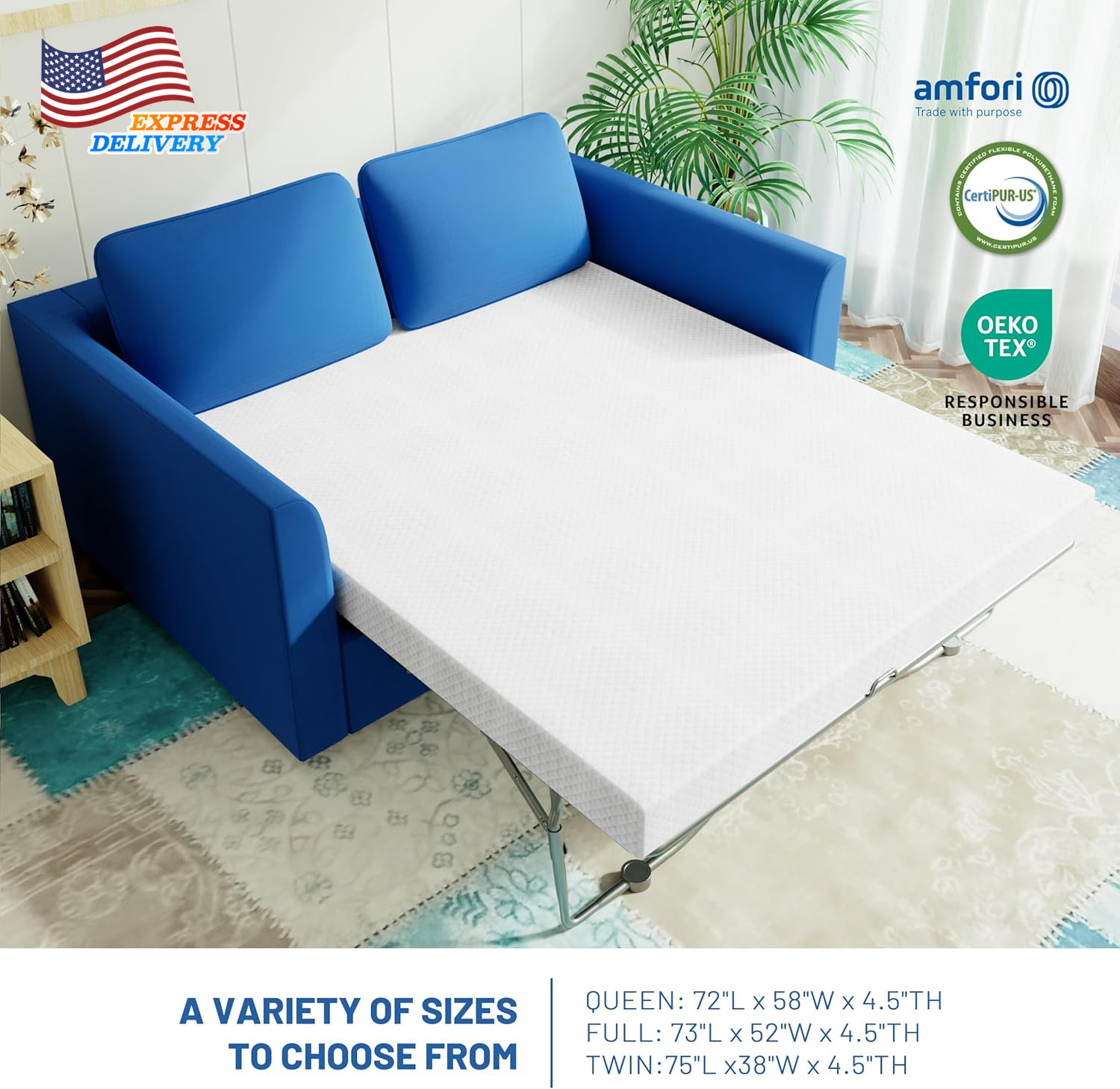 4.5 Inch Cold Gel Memory Foam Mattress Replacement for Sleeper Sofa & Couch Beds