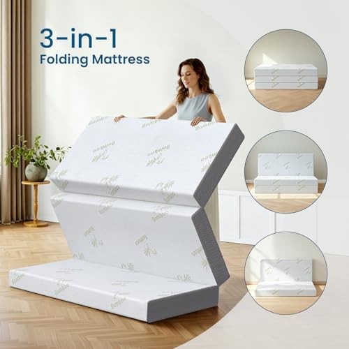 Trifold Mattress Size, 6 Inch, Portable Folding Mattress with Memory Queen