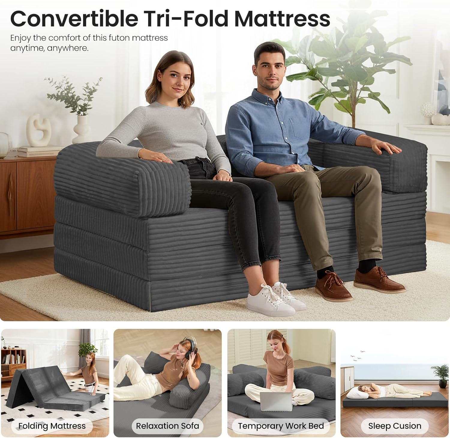 Tri-Fold Foldable Mattress, Convertible Folding Sofa Bed with Removable Arms & W