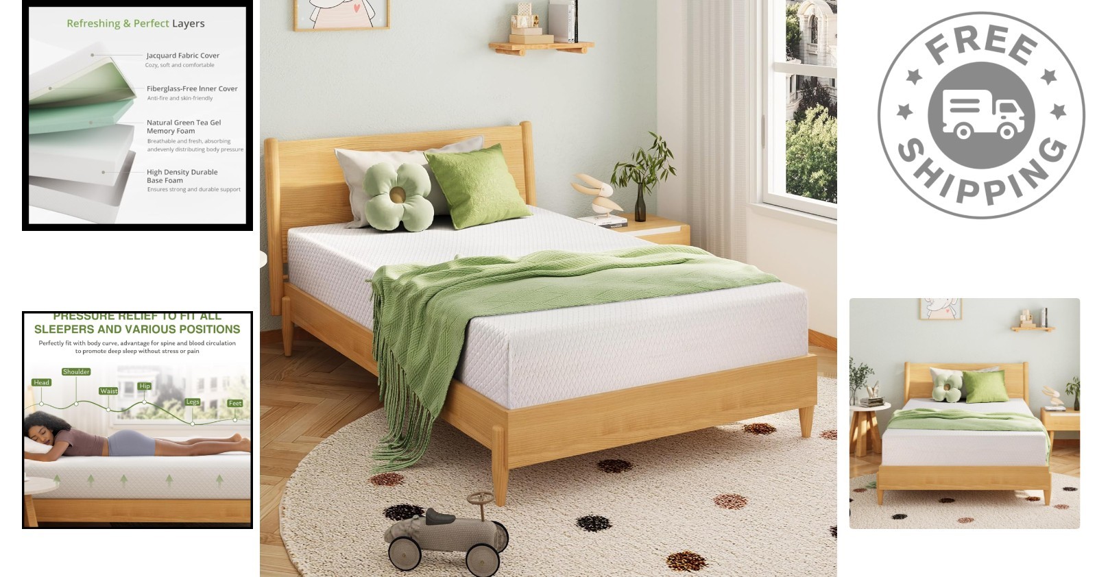 Luxury Twin Memory Foam Mattress with Cooling Green Tea Gel – 75»L x 38»W