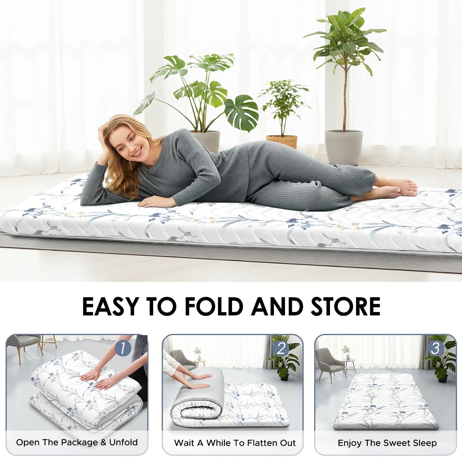 Japanese Floor Mattress, 3.5″ Thicken Ink Wash Floral Pattern Portable Futon …