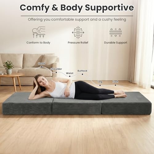 Erament Folding Mattress Size, Trifold Mattress 6 inch Foldable Queen Grey