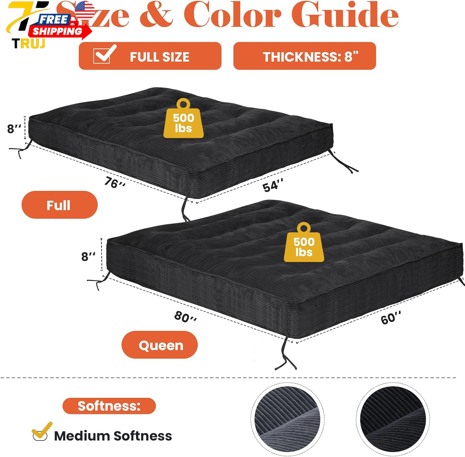 8″ Futon Mattress Full Size Futons Sofa Bed Sleeper Couch Bed Roll Up Mattress w