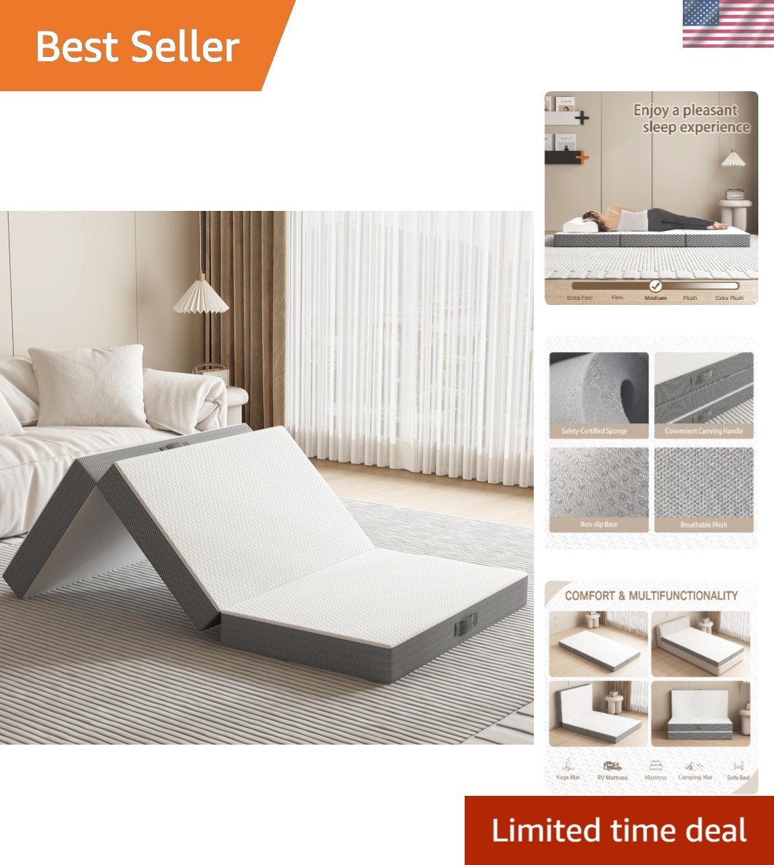 Tri-Fold Memory Foam Mattress, 4 inch Single Folding with Washable Covers, Re…