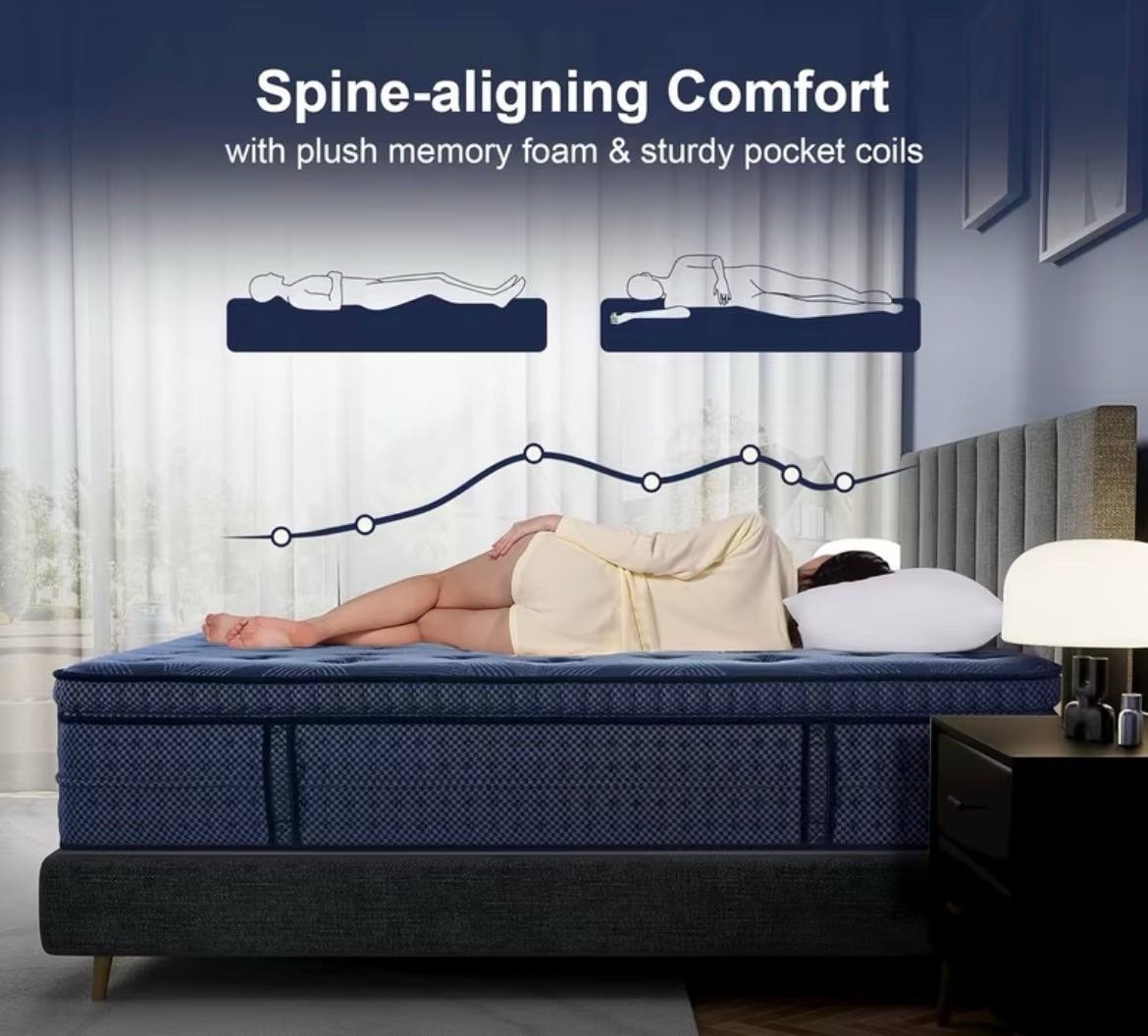 Medium Firm Queen Blue Pocket Spring Mattress, Cooling Fabric Cover
