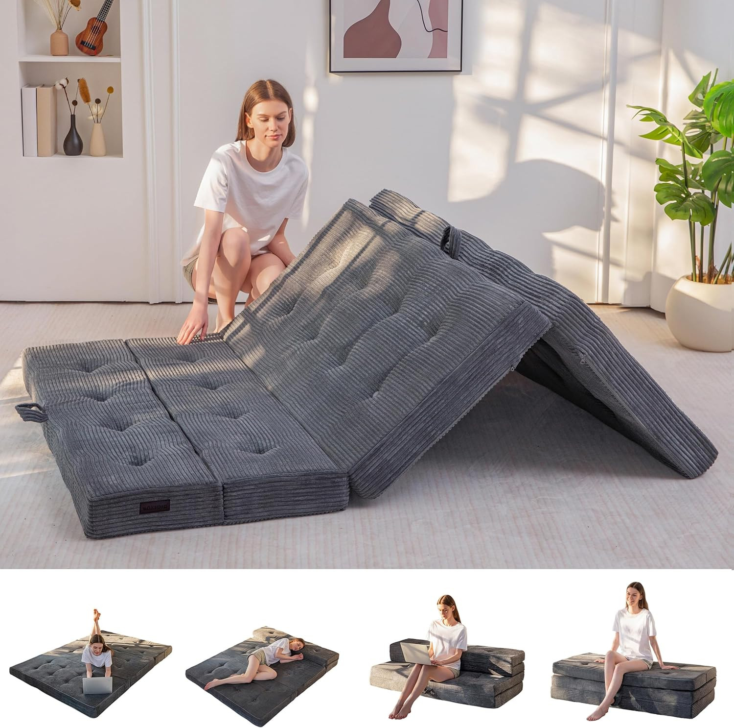 Tri-Fold 4-Inch Foam Mattress, Portable Floor Couch, Twin Size, Dark Grey