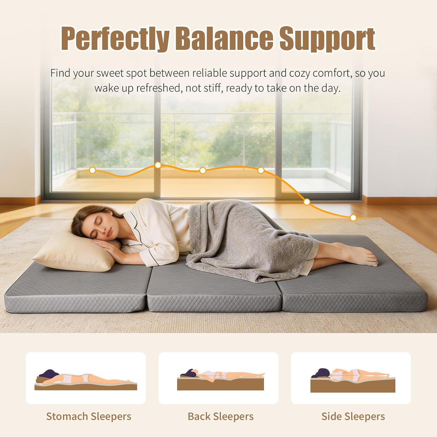 Portable Tri-Folding Mattress Topper, 3″ Queen Bed for Travel & Camping