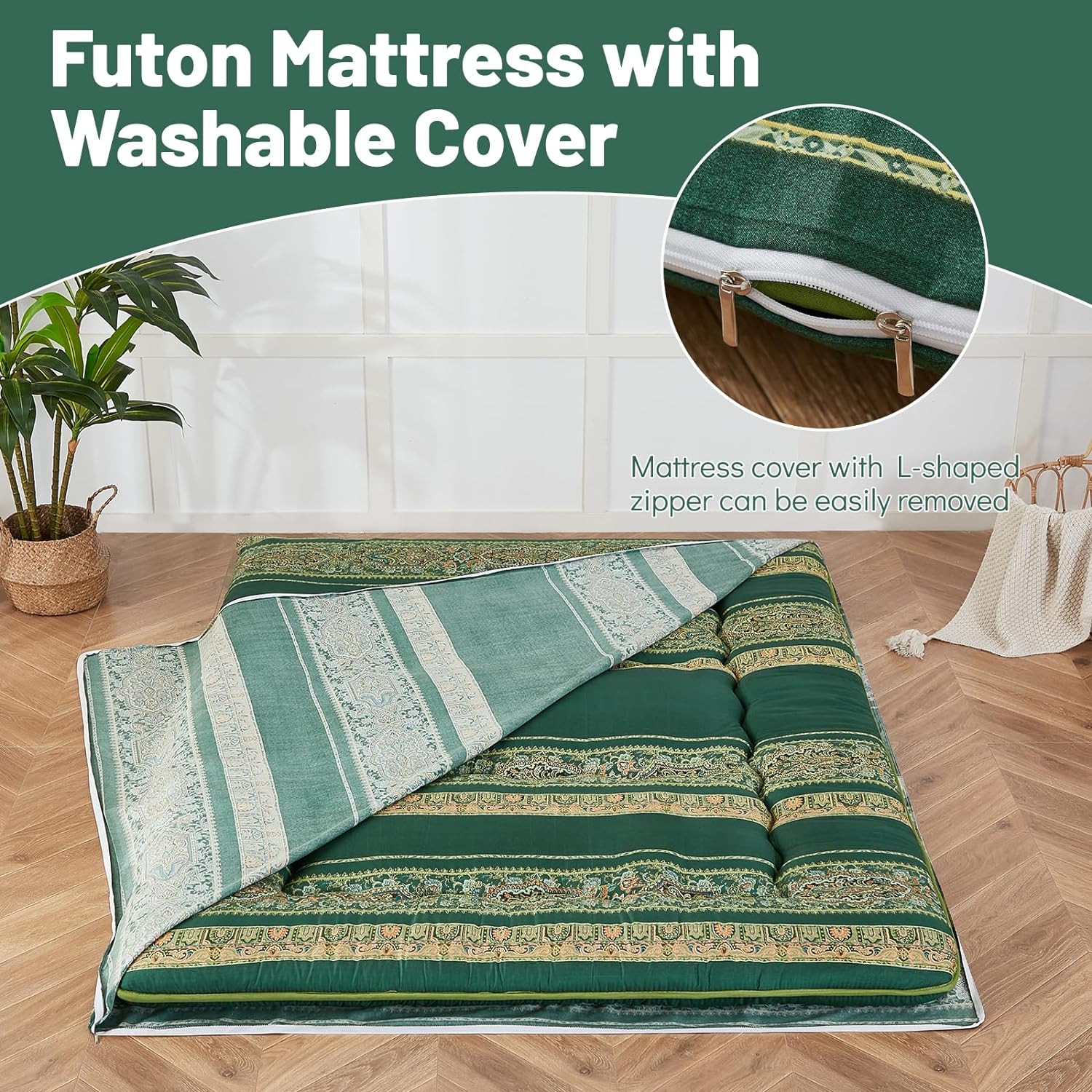 Bohemian Green Japanese Floor Mattress with Washable Cover & Storage Bag, Twin