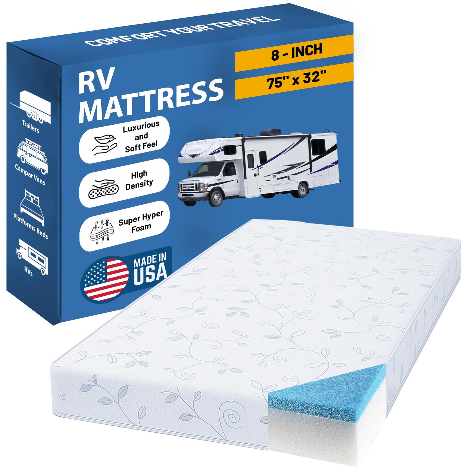 , 8-Inch High-Density Cooling Gel Memory Foam RV Mattress Replacement, Medium…
