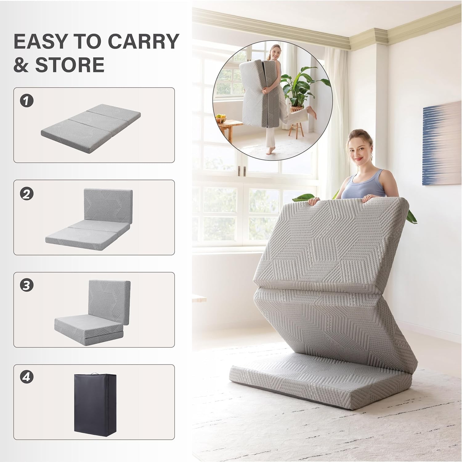 Compact 4 Inch Folding Memory Foam Mattress with Washable Cover, Grey – 75×25