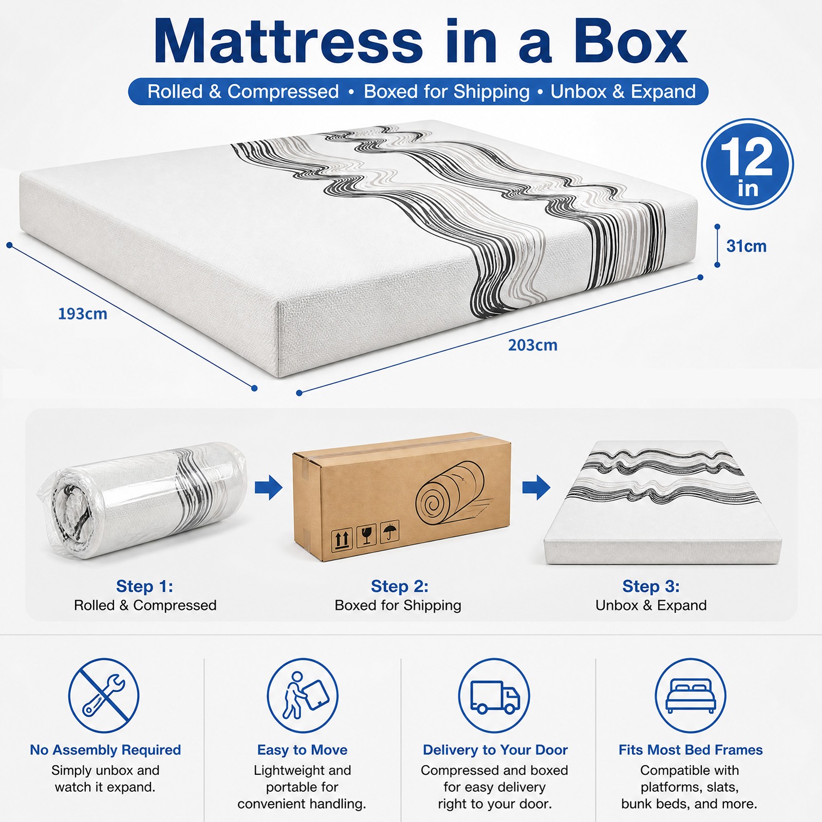 King Size Memory Foam Mattress Compressed Delivery Firm Support Soft Comfort