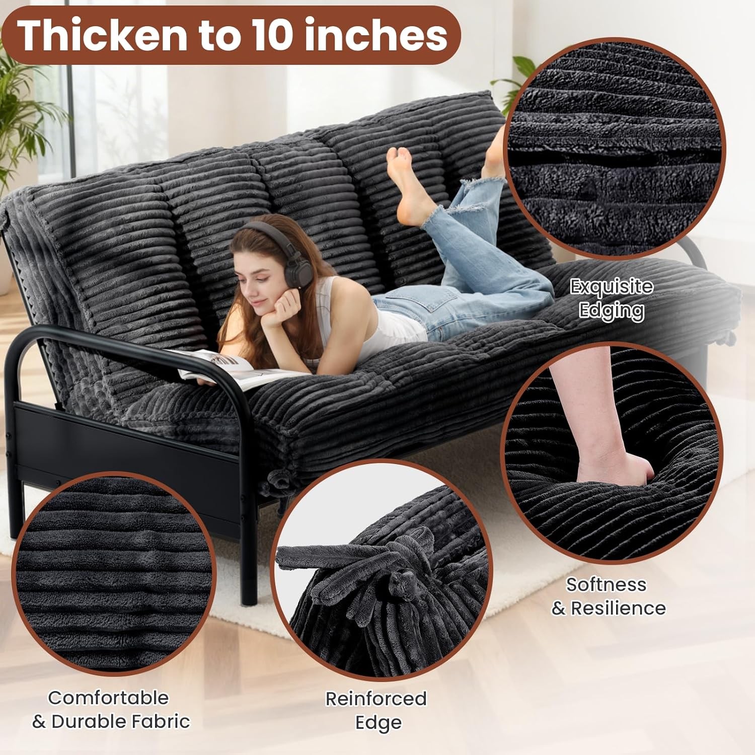 10″ Futon Mattress Queen Size,Futons Sofa Couch Bed W/ Straps Thick Corduroy