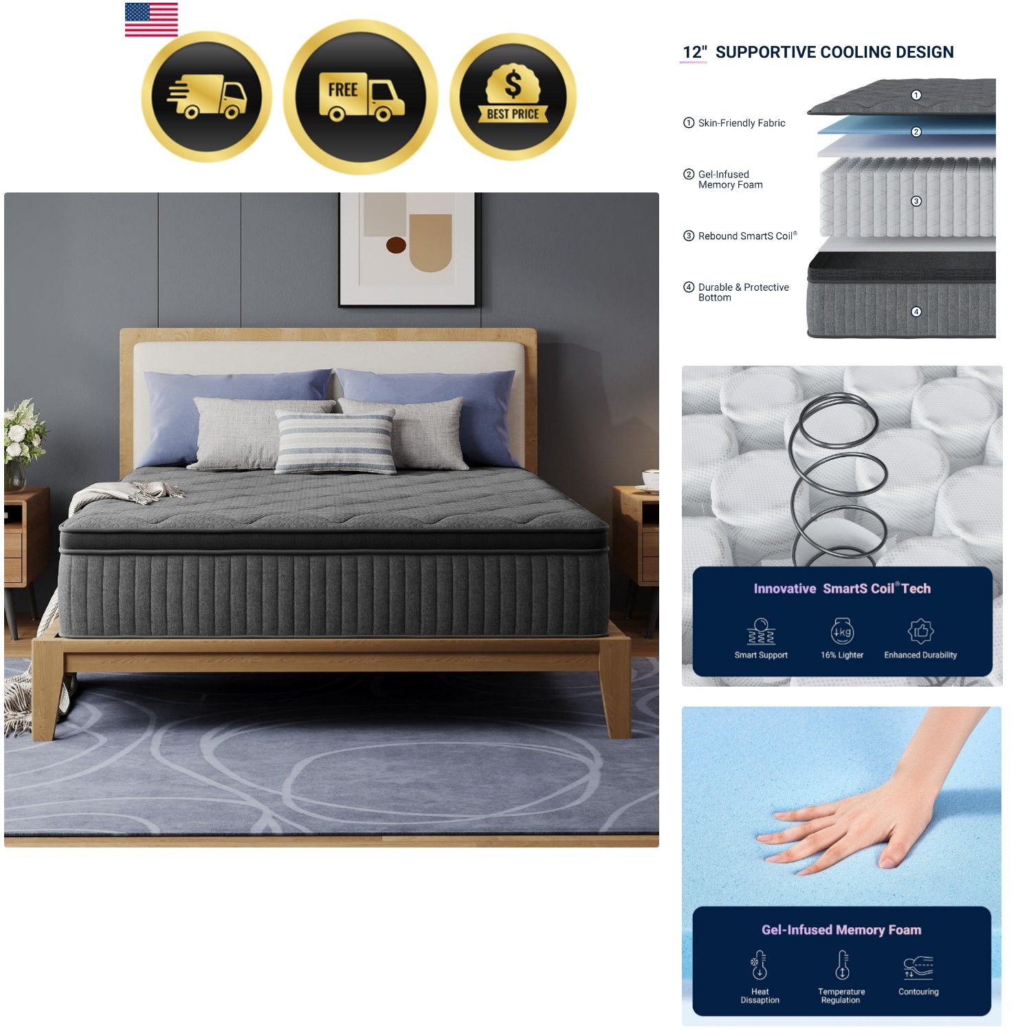 Full Size Mattress Hybrid Bed with Cooling NanoGel Pocket Springs 12 Inch