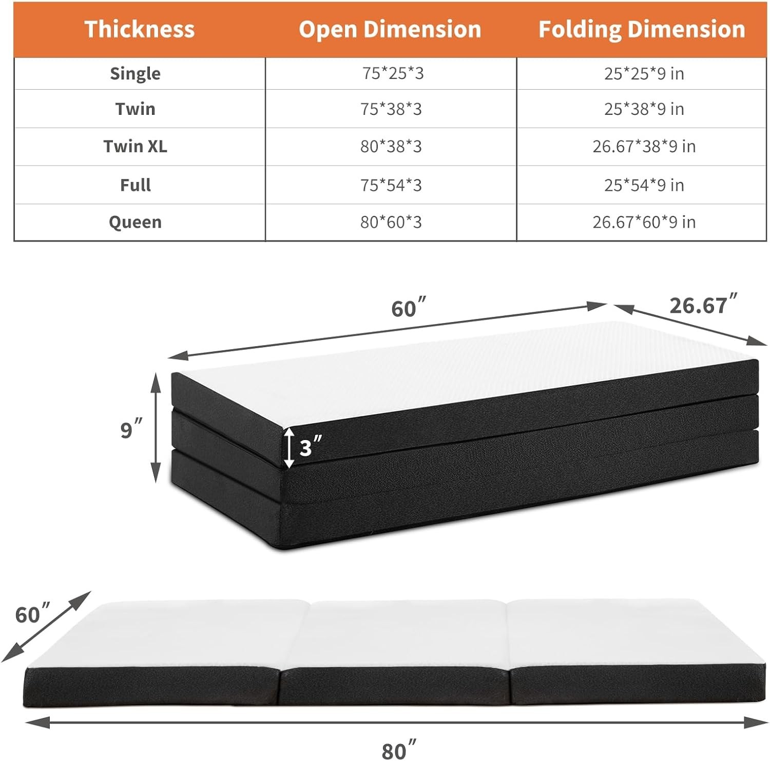 NEW 3 Inch Queen Tri-Fold Memory Foam Mattress Topper Folding Floor Bed