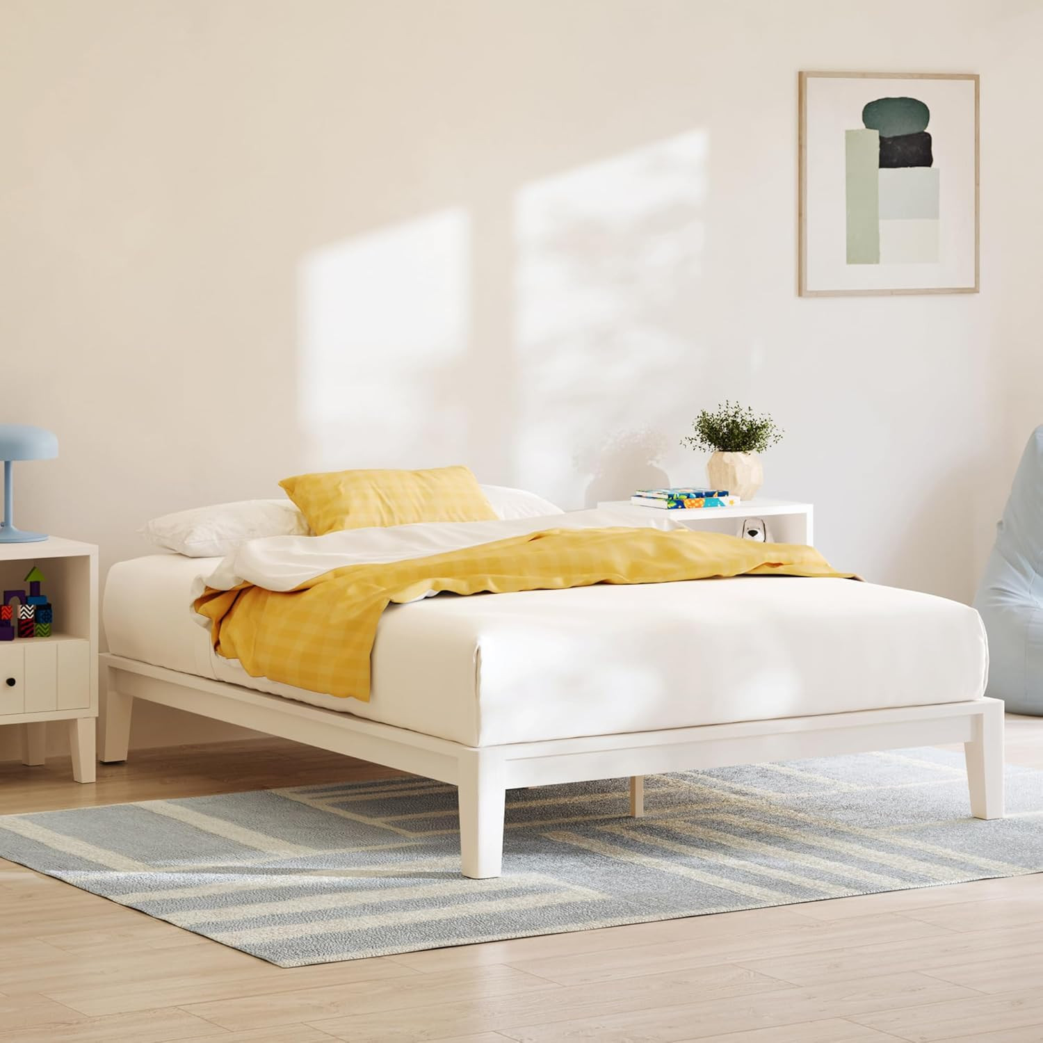Kids Bamboo Twin Platform Bed Frame – White – Easy Setup & Sturdy Support
