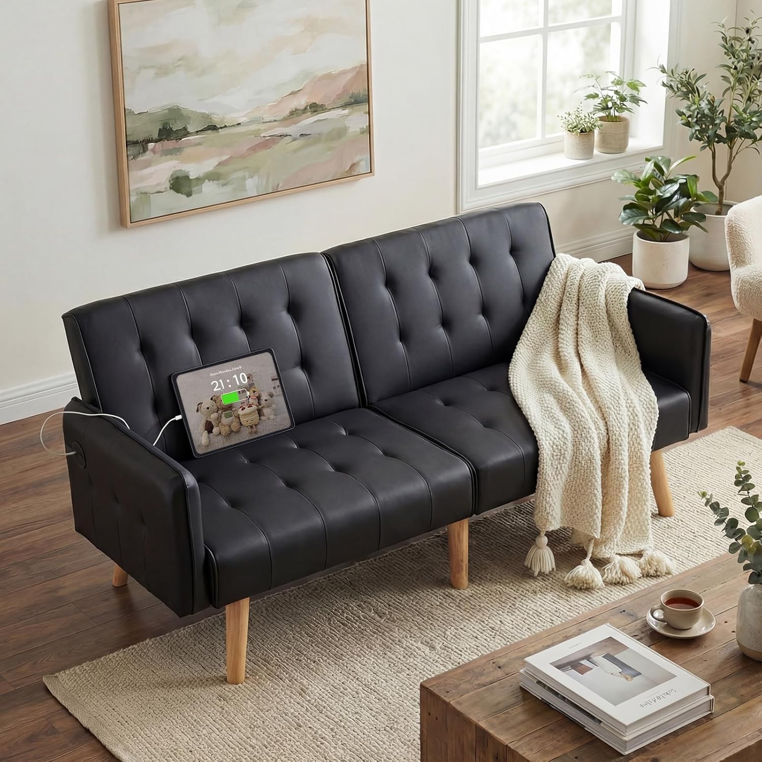 Faux Leather Convertible 65» Folding Futon Sofa Bed w/ 2 USB,