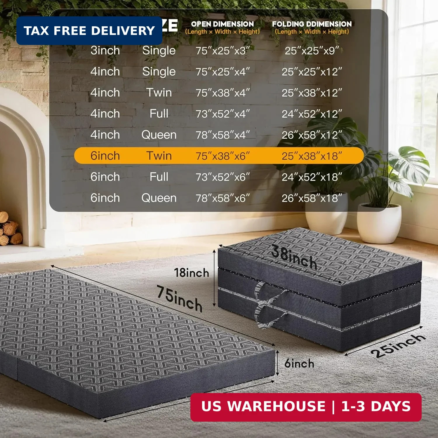 Foldable Mattress Twin,6″ Memory Foam Mattress Topper,Trifold Mattress with Wash