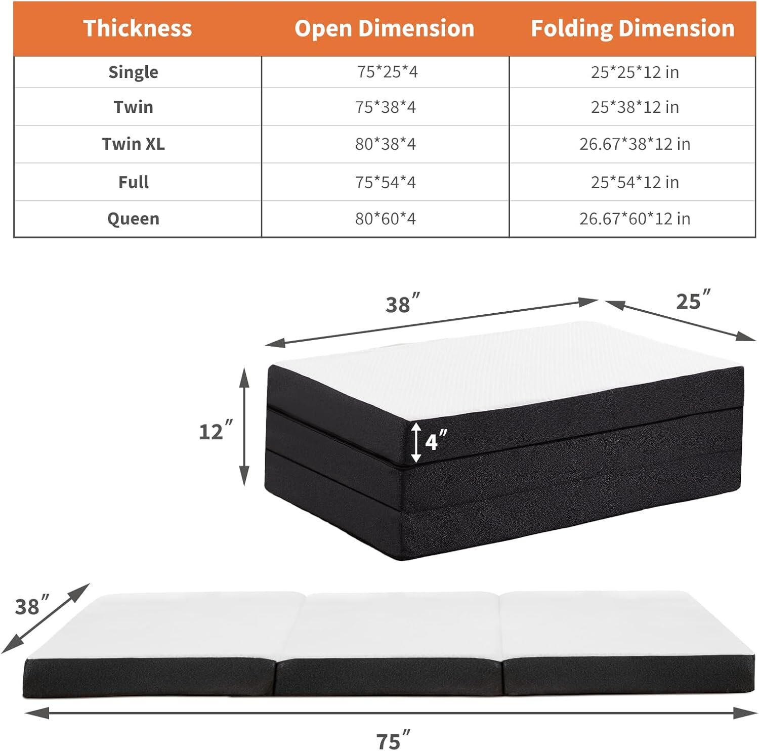 Folding Mattress Twin 4-Inc Tri-Fold Mattress with Memory Foam 75″×38″×4″