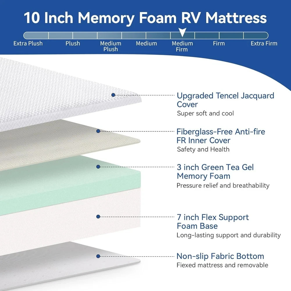 RV Mattress Short Queen 10 Inch Memory Foam Mattresses, Premium Cooling Green Te