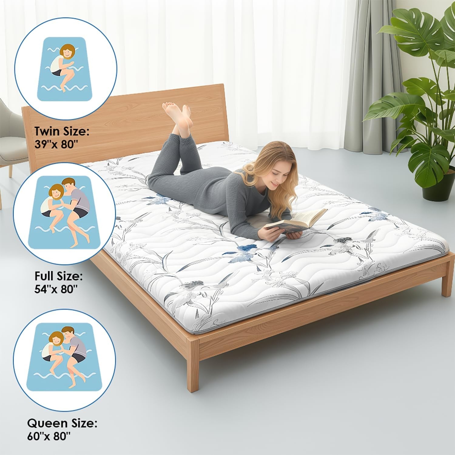 Japanese Floor Mattress, 3.5″ Thicken Ink Wash Floral Pattern Portable Futon …