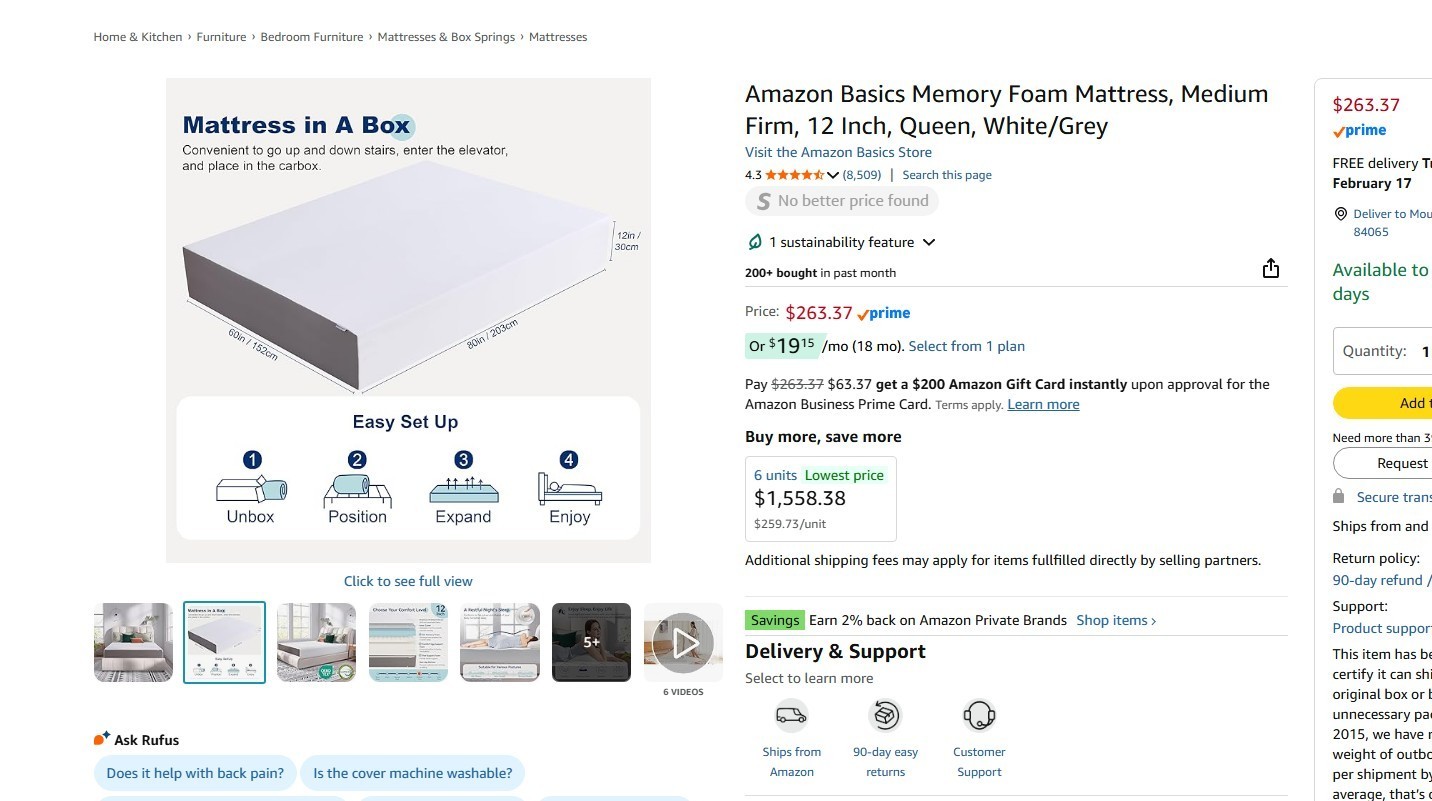 Amazon Basics Memory Foam Mattress, Medium Firm, 12 Inch, Queen, White/Grey