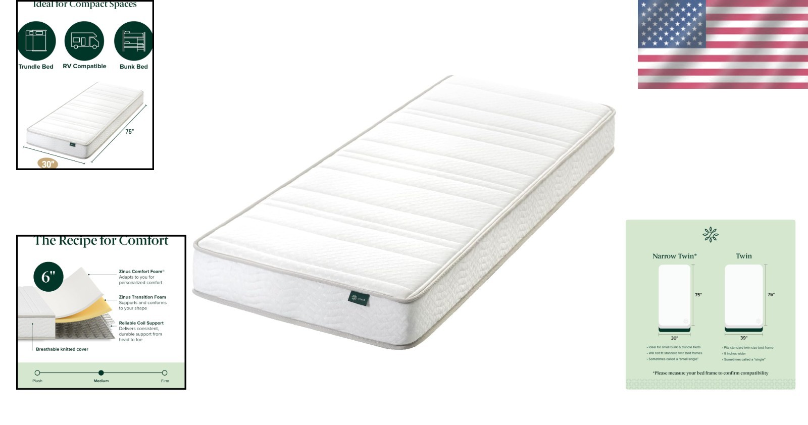 6″ Foam & Spring Hybrid Mattress 30″ x 75″ for Bunk Beds & Tight Spaces
