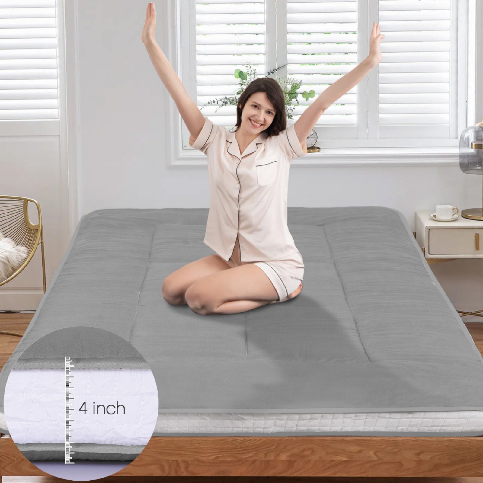 4″ Japanese Tatami Futon Roll-Up Mattress Memory Foam Floor Pad w/ Bag & Cover