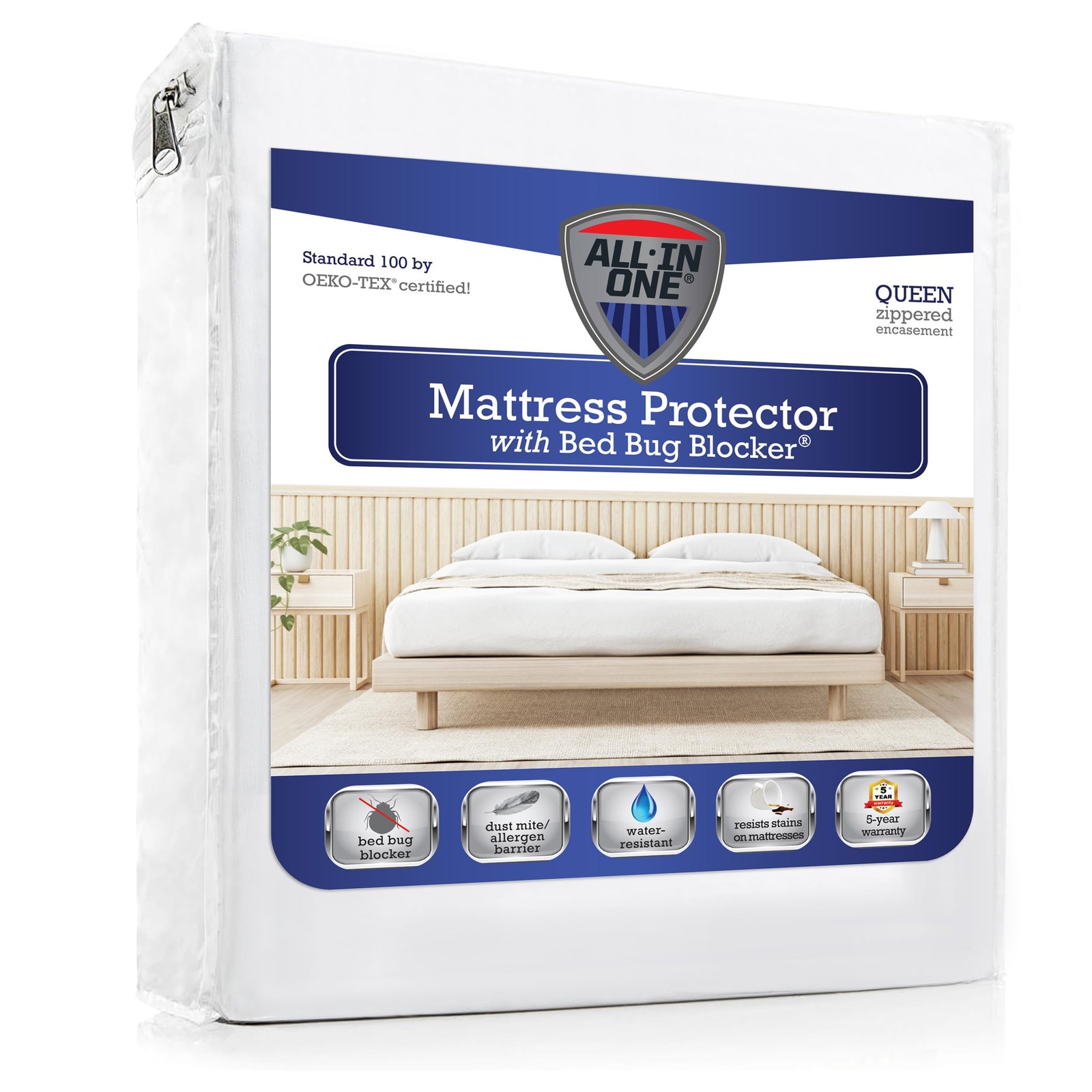 All-in-One Mattress Protector, Zippered Encasement, Water & Queen, White