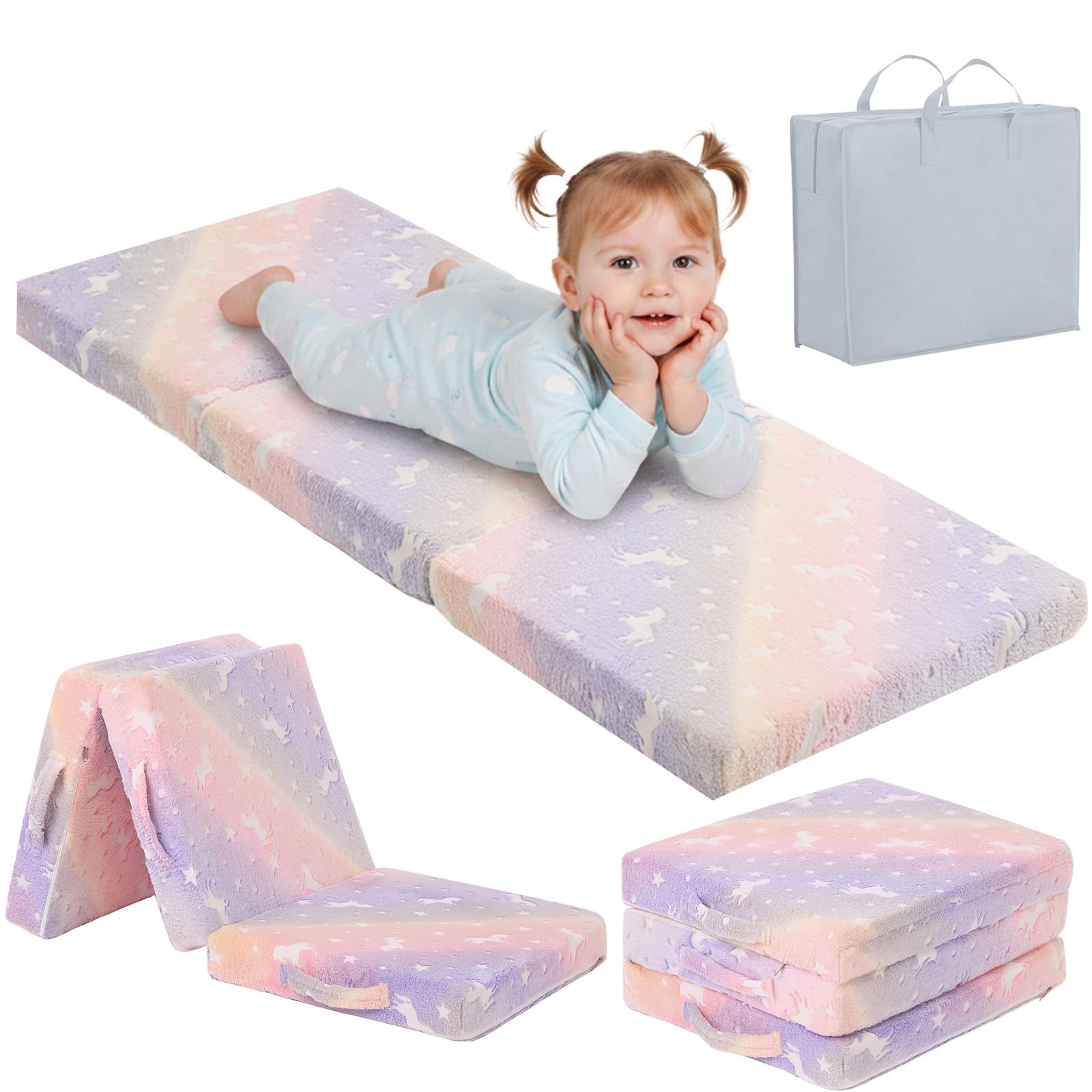 Foldable Floor Mattress for Kids-Glow in The Dark Toddler Nap Mat with Storag…