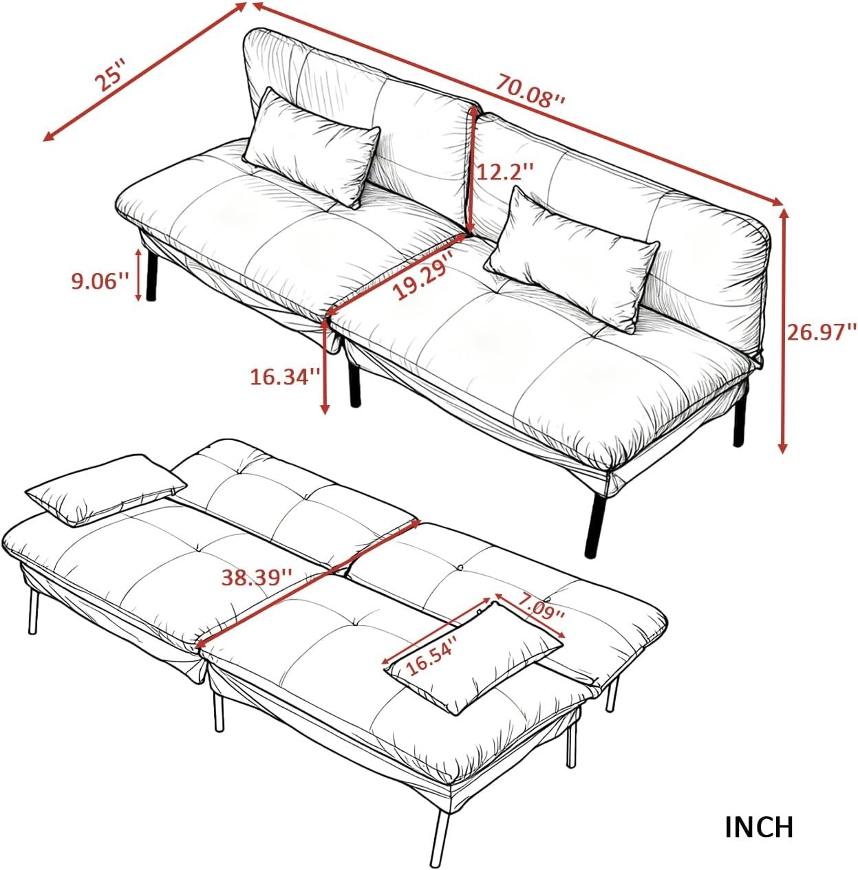 70″ Veet Convertible Sofa Bed with 5-Posit Adjustable Split Ba –