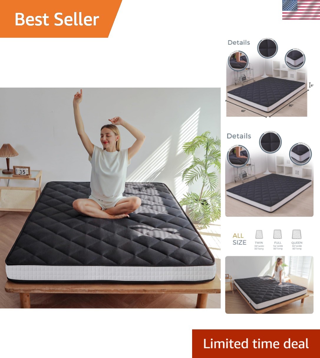 6″ Extra Thick Futon Mattress, Queen Size Diamond Pattern Mattress Pad Tatami…