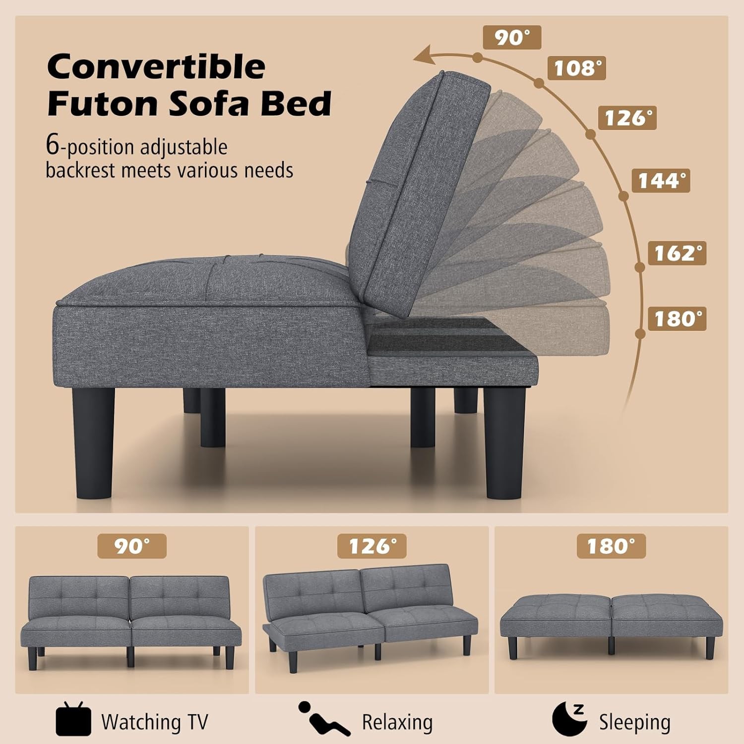Convertible Futon Sofa Bed, Upholstered Folding Linen Sleeper