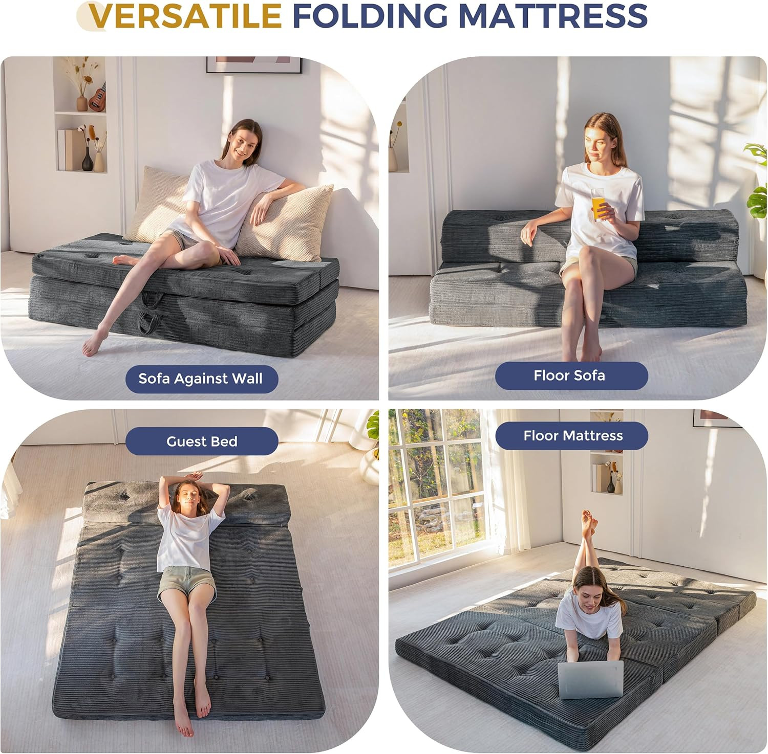 Tri-Fold 4-Inch Foam Mattress, Portable Floor Couch, Twin Size, Dark Grey