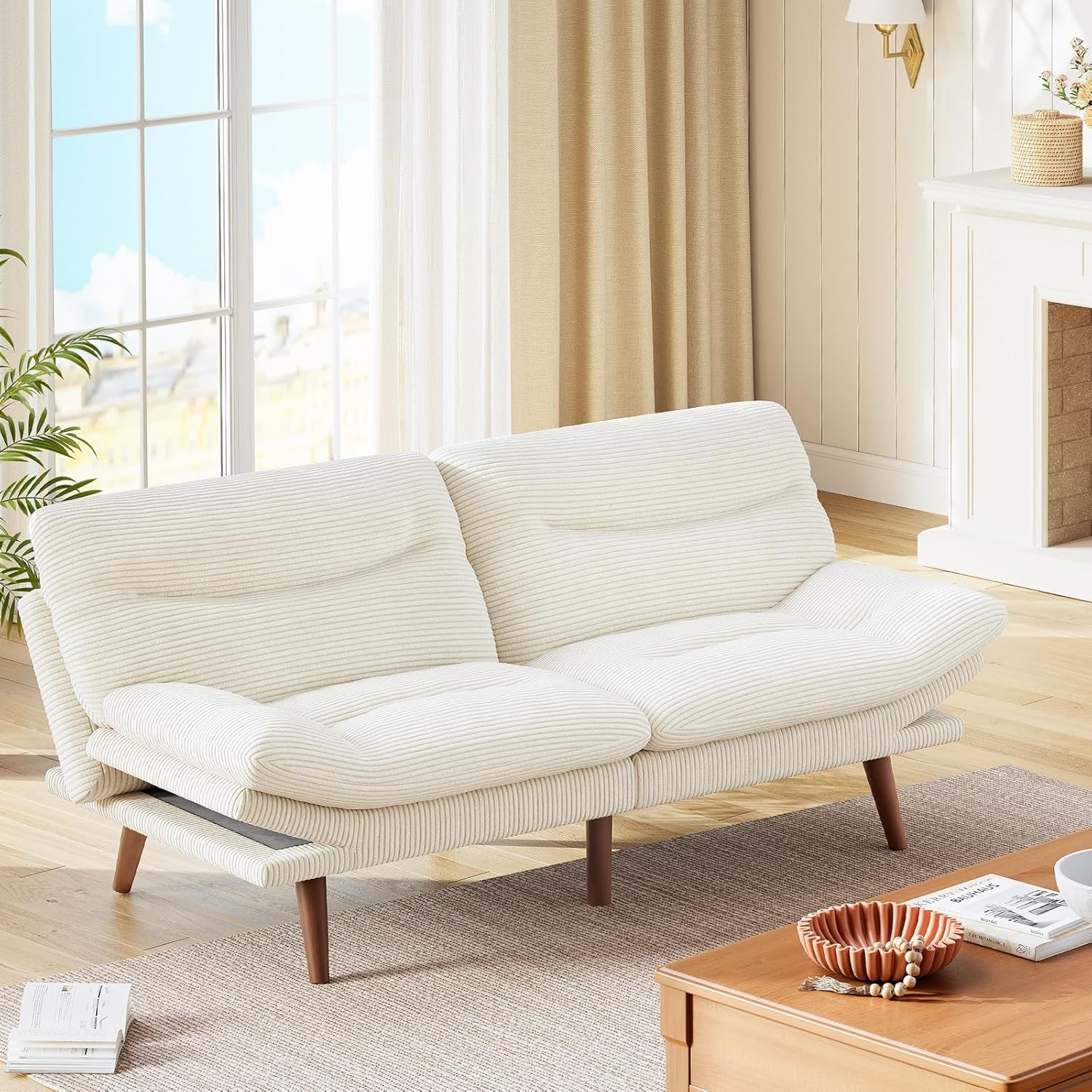 Futon Sofa Bed, Corduroy Futon Couch with Adjustable Barest &